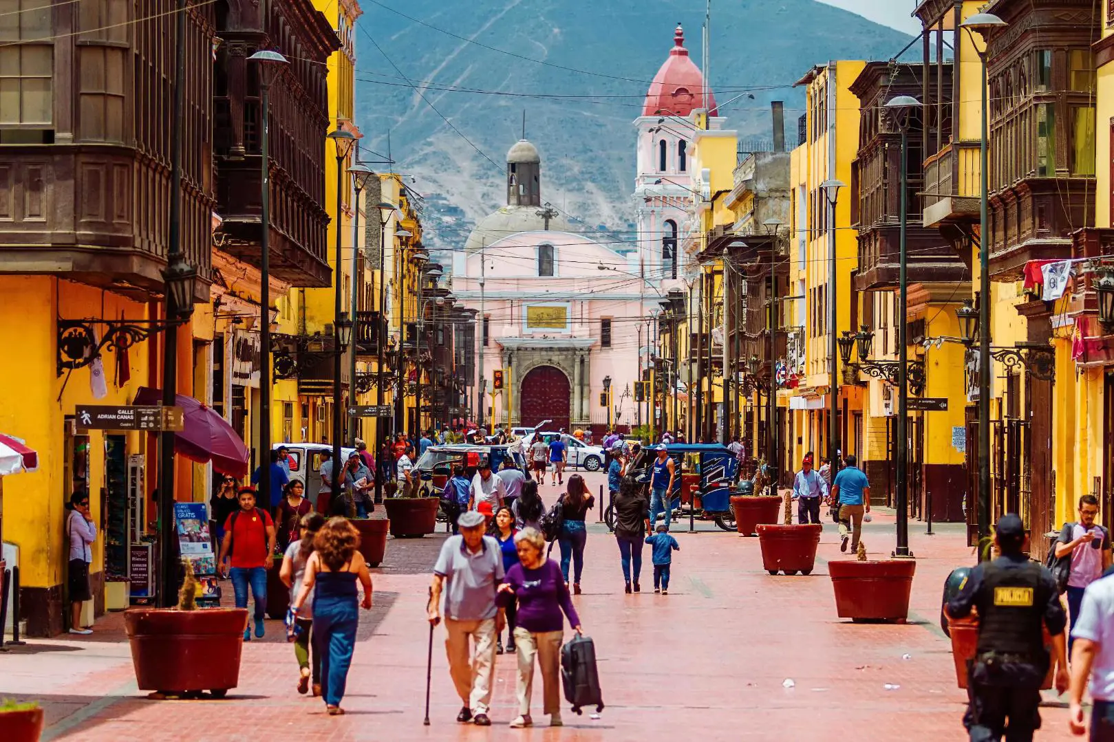 Lima’s historic town centre in Peru, featuring colonial-style buildings and a lively public street