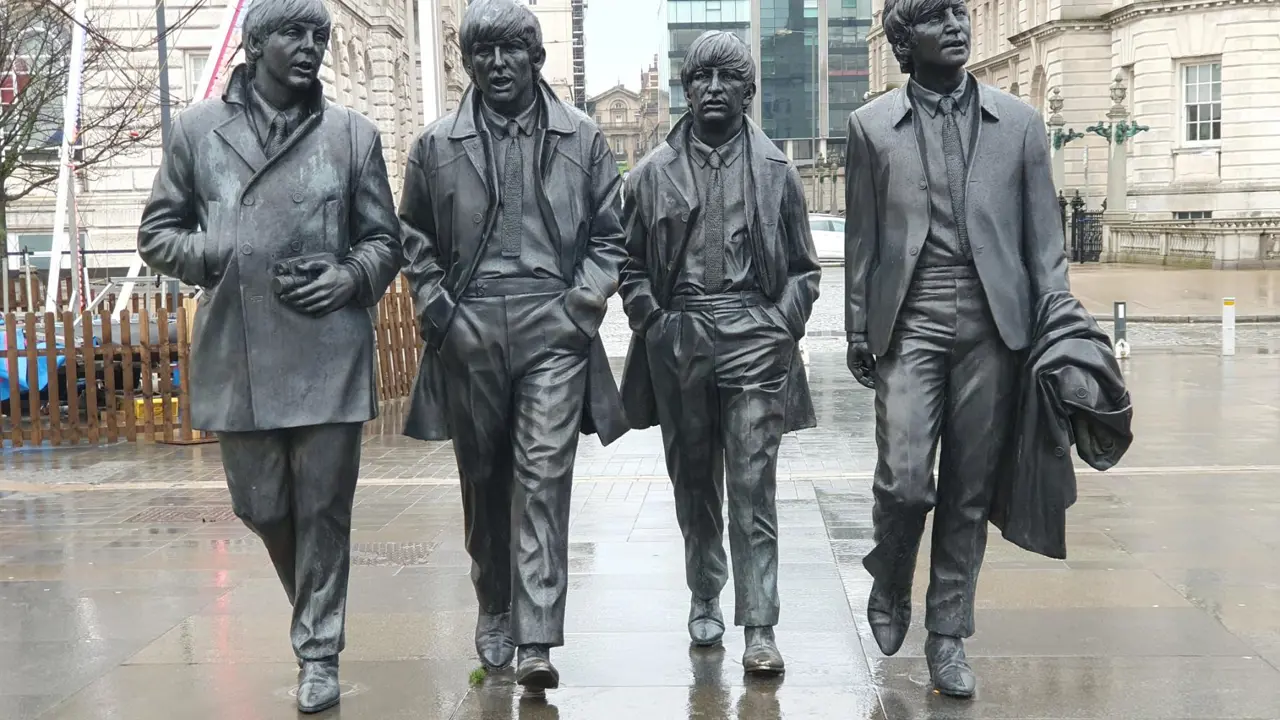 A rainy day near Paul McCartney, George Harrison, Ringo Starr and John Lennon's Beatles statue, Liverpool