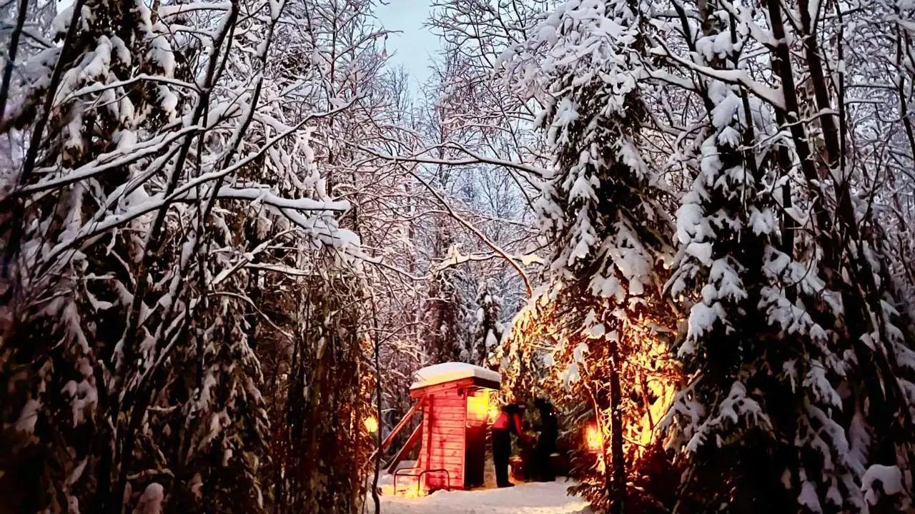 A winter scene with snow-covered trees on either side of a forest path. Warm orange lights illuminate a small wooden cabin, creating a cosy glow amid the snow