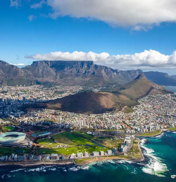 Aerial view of Cape Town with Table Mountain and the coastline in the background
