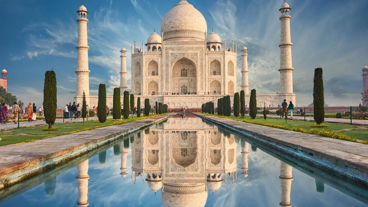 The Taj Mahal reflected in the decorative pool in front of it, surrounded by landscaped gardens and manicured topiaries, under a bright sky with a few clouds