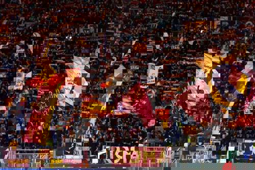 The excited supporters of AS Roma at the Stadio Olimpico in Rome.