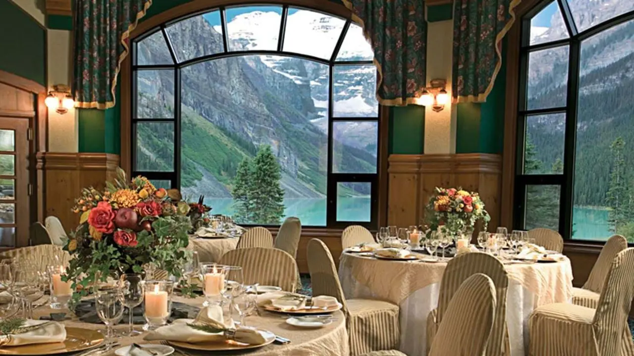 The elegant dining room at Fairmont Chateau with a view of Lake Louise and the Rocky Mountains through the arch windows