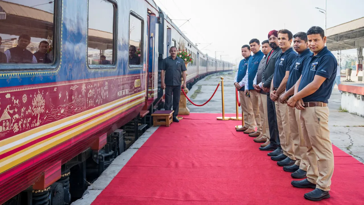 A group of staff standing along the red carpet on the platform beside the Deccan Odyssey train