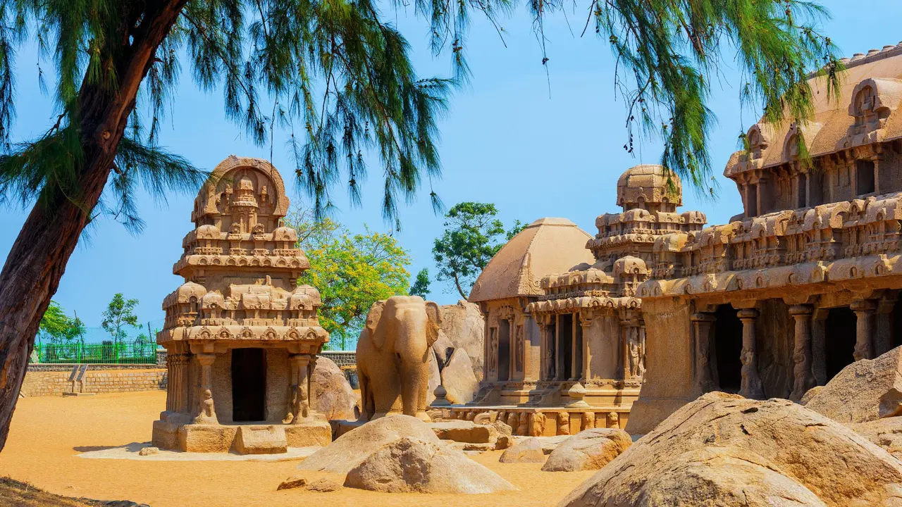 Pancha Rathas in Mahabalipuram, India, on a sunny day, with intricately carved stone temples and a tree framing the view