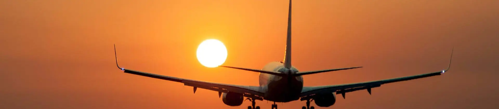 Airplane landing at sunset 