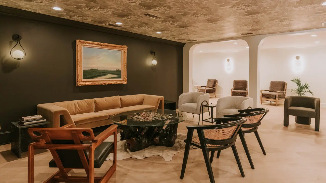 Stylish lounge at Gulf Hills Resort with sofas, armchairs, a black feature wall, and a textured ceiling creating a modern, cosy atmosphere