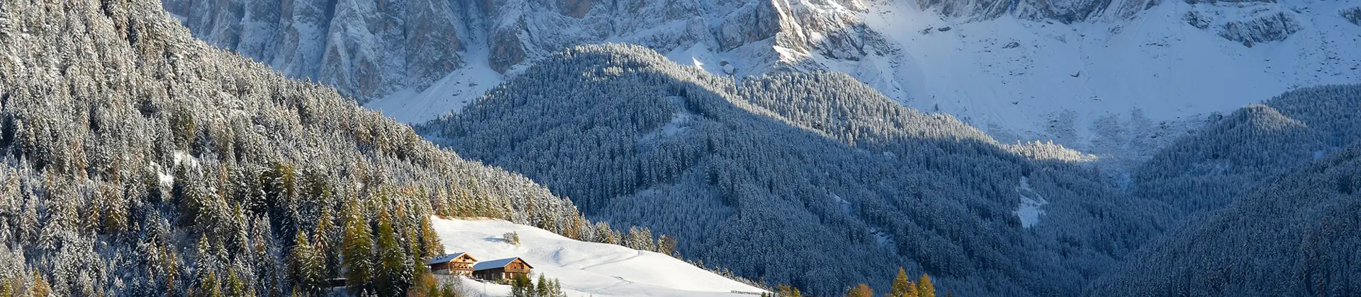 Dolomites in the snow in St Magdalena, Italy