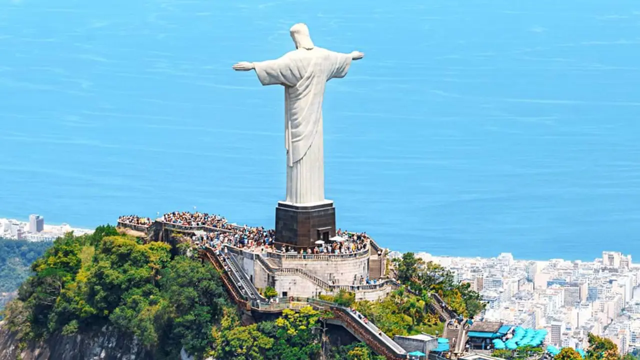 Rio de Janeiro's Christ the Redeemer statue overlooking the coastline