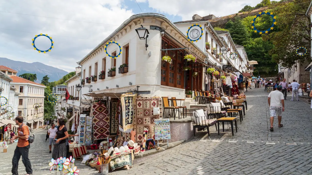 Gjirokastër cobbled streets and shops