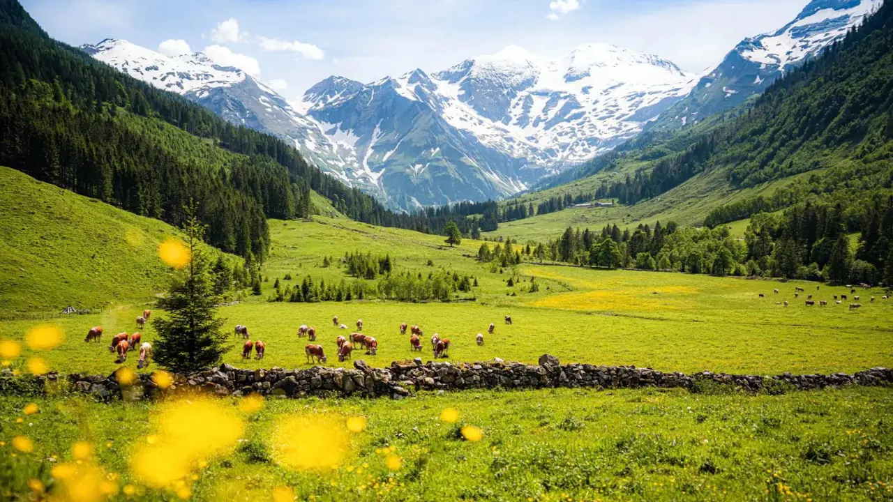 Cows grazing in a lush green alpine meadow with snow-capped mountains and forests in the Austrian Tyrol