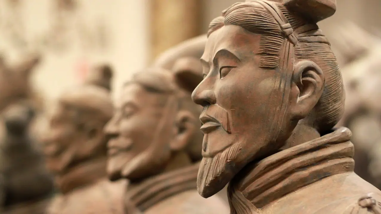 A close-up of the ancient Terracotta Army statues in Xi’an, China
