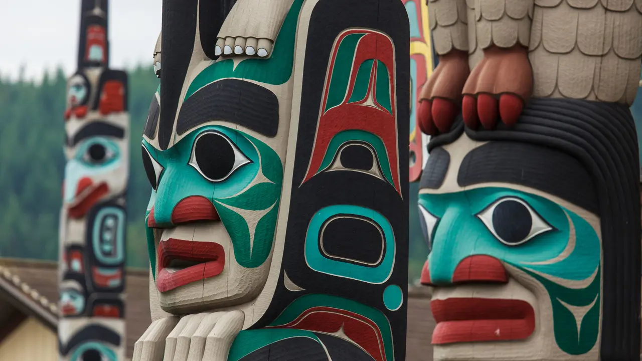 A close-up view of totem poles in Stanley Park, Canada, showcasing intricate carvings and vibrant colours representing Indigenous art and culture