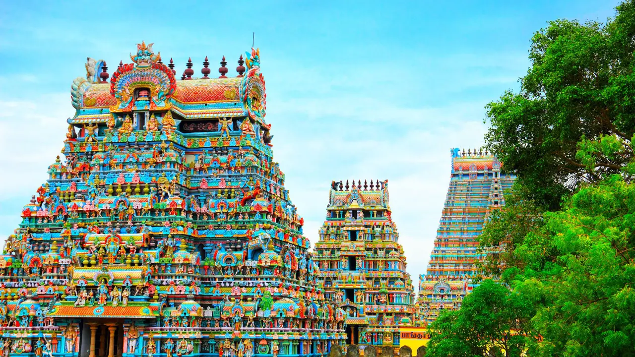 The colourful Meenakshi Hindu Temple in Madurai, featuring intricate carvings and vibrant statues