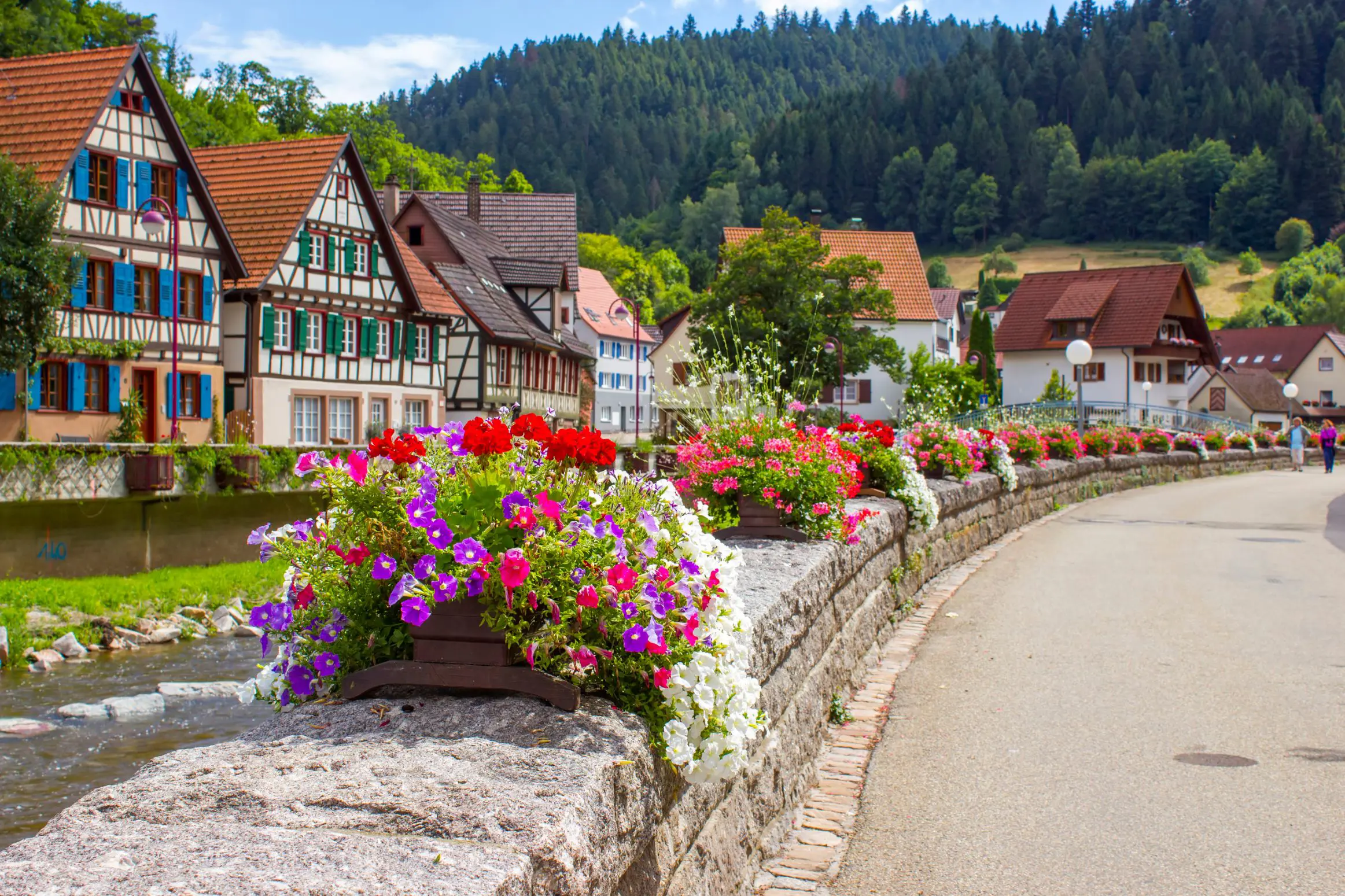 A pavement bending to the right, with a wall connected to it with pots of colourful flowers that go down the road. To the left of this, timber houses with triangular roofs and coloured shutters, and forest in the distance.