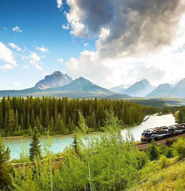 The Rocky Mountaineer train travelling through the Canadian Rockies, with rugged mountains in the background and dense evergreen forests lining the tracks