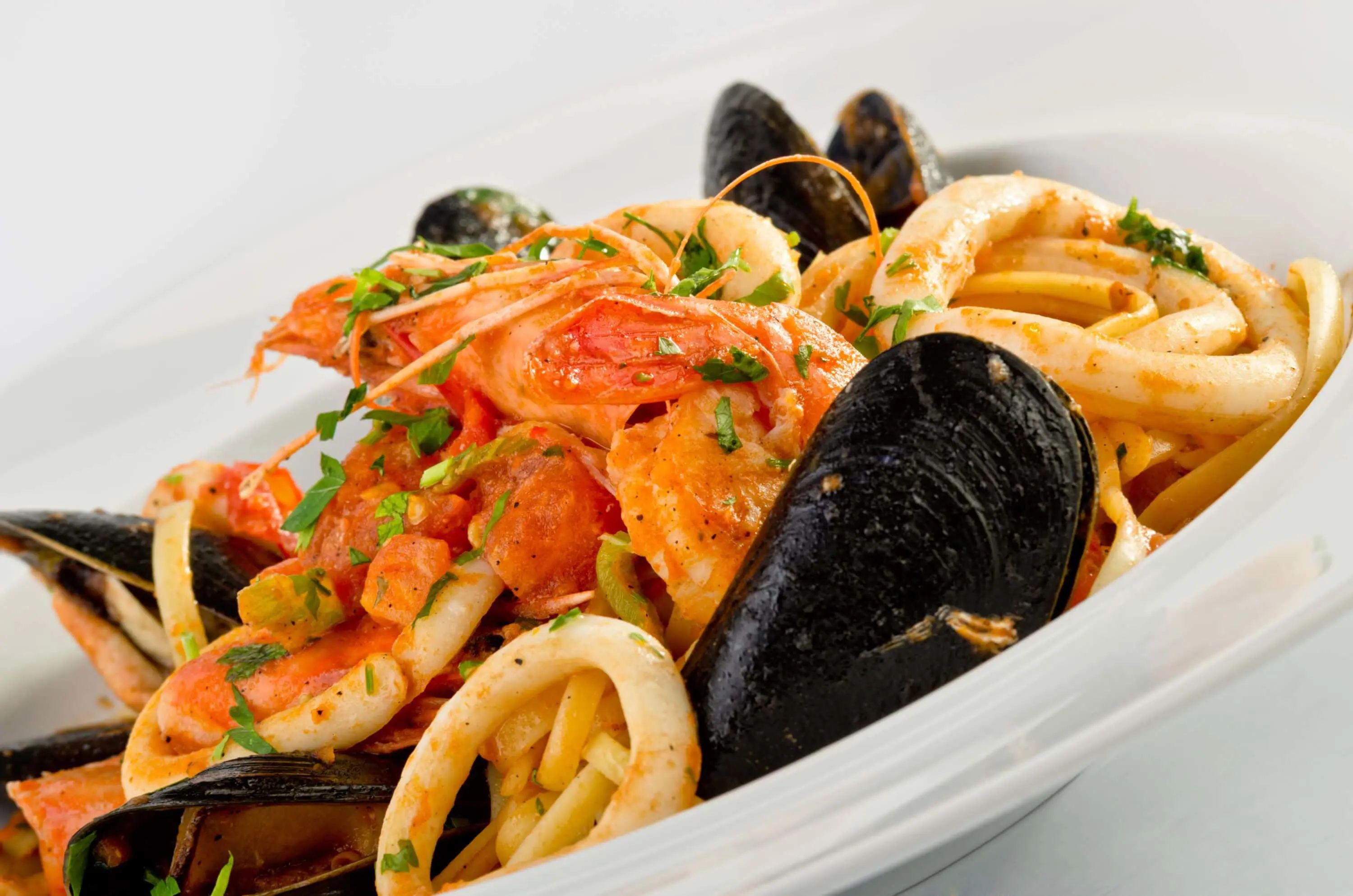 Close up of a dish of seafood linguine