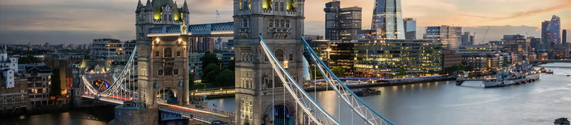 London skyline at sunset with Tower Bridge and the Shard